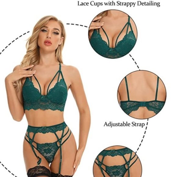 Women's Green Lace Floral Bra High Waist Garter Belt Thong Panty Lingerie Set - Picture 5 of 7